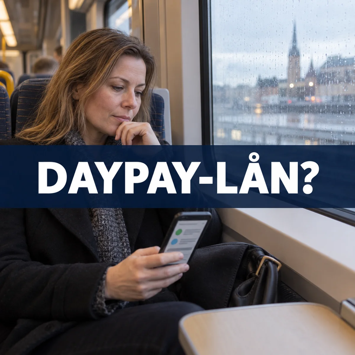 Kvinna på ett svenskt tåg granskar lånevillkor i mobilen under texten Daypay-lån?