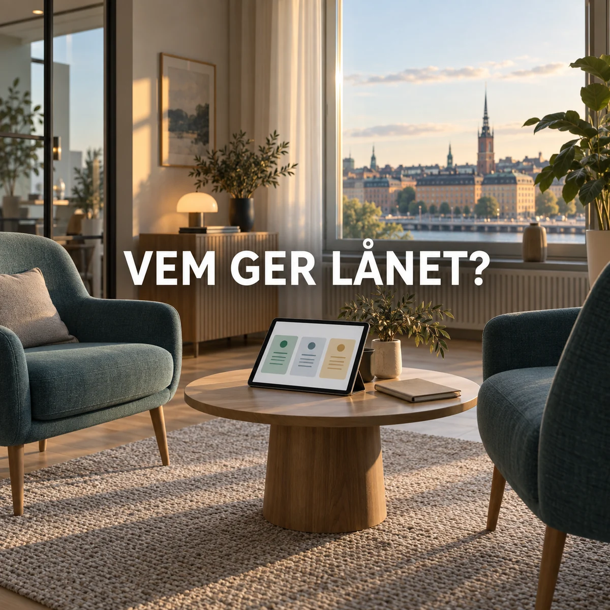 Tomt svenskt rådgivningsrum med tre illustrativa lånealternativ på surfplatta och texten Vem ger lånet?