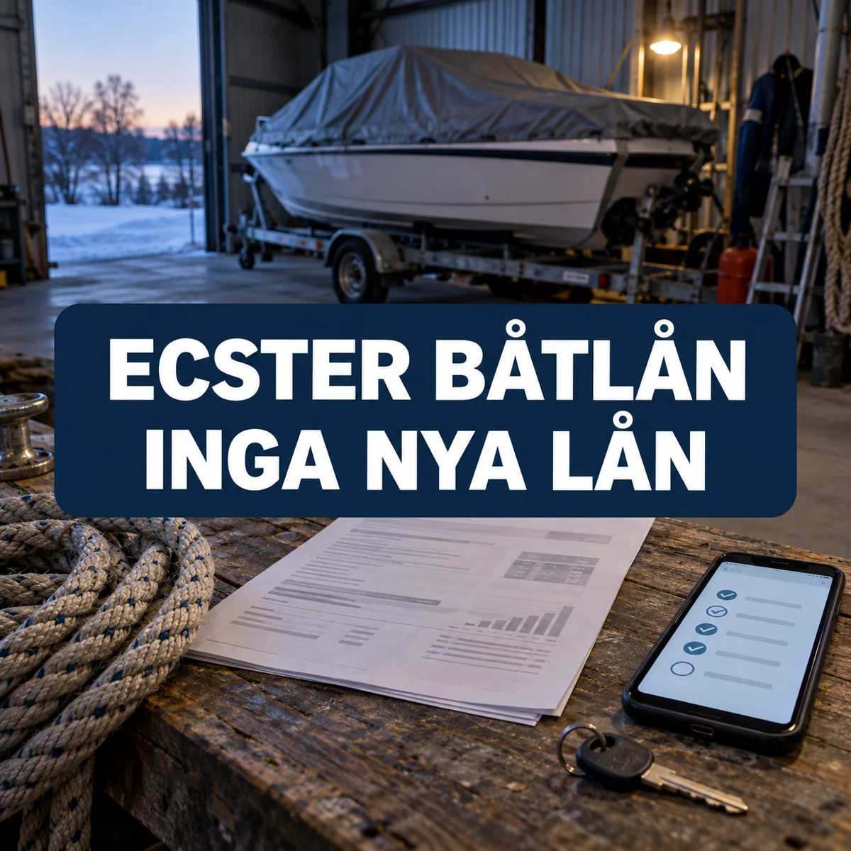 Täckt motorbåt i en svensk vinterhall med tågvirke, lånebesked och mobiltelefon framför skylten Ecster båtlån – inga nya lån