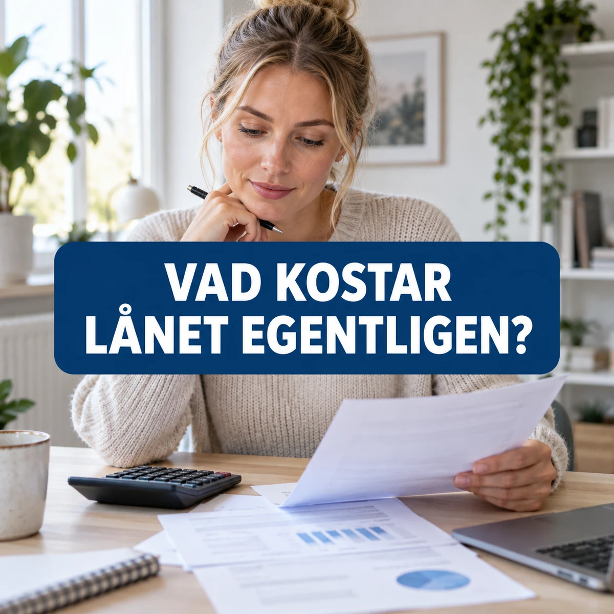 Person som jämför lånekostnader med texten Vad kostar lånet egentligen?