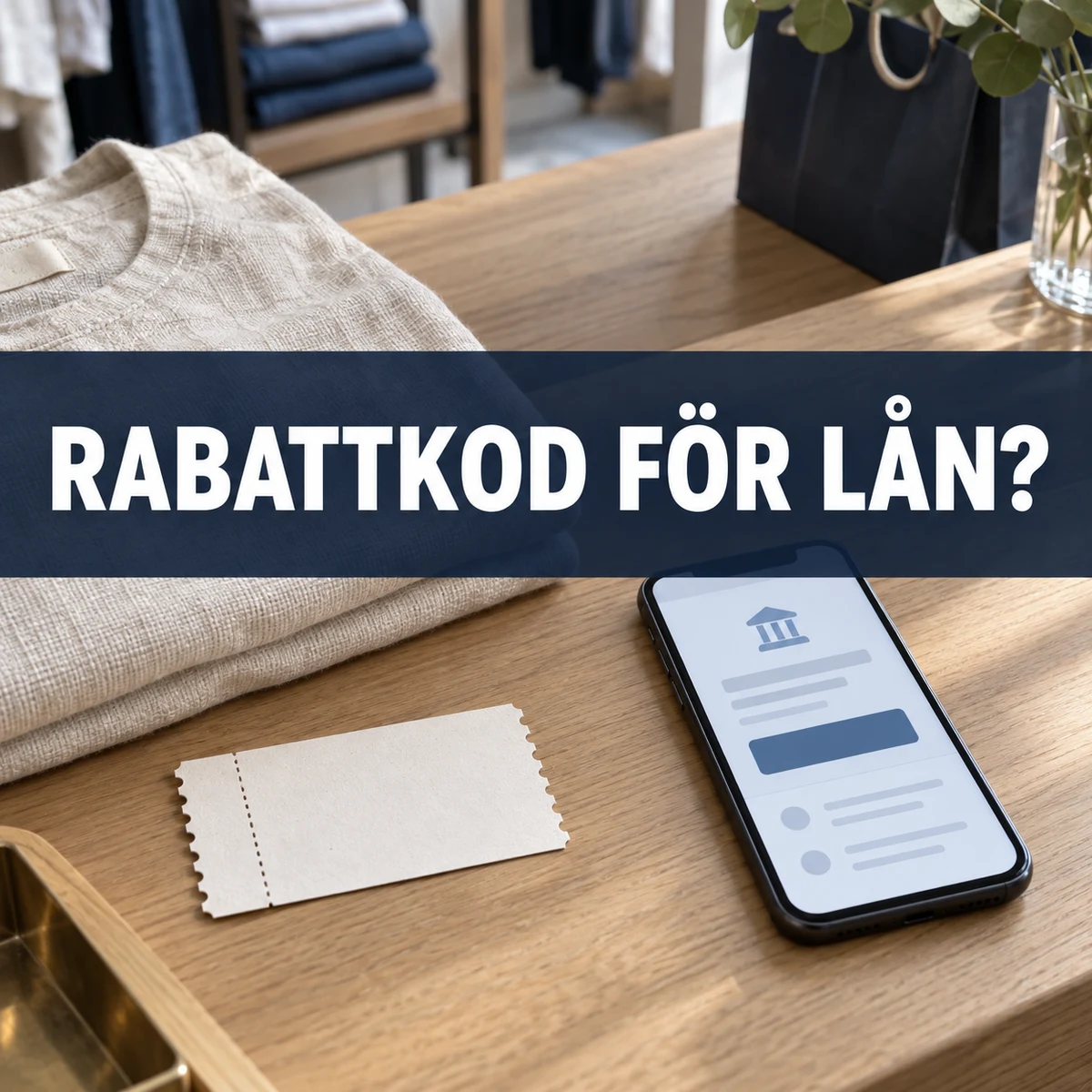 Tom butikskupong bredvid mobil med illustrativ lånesida under frågan Rabattkod för lån?