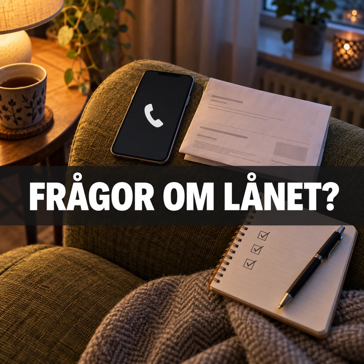 Mobil med telefonsymbol, låneavi och anteckningsbok på en grön fåtölj under texten Frågor om lånet?