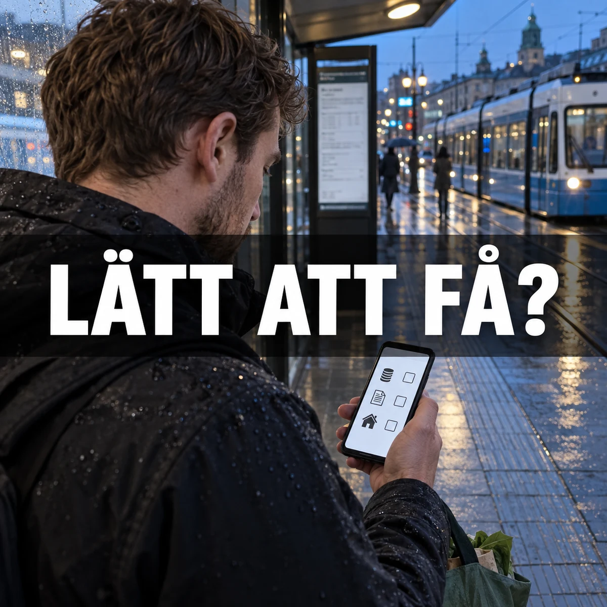 Ung man vid regnig svensk spårvagnshållplats granskar en illustrativ checklista i mobilen under frågan Lätt att få?