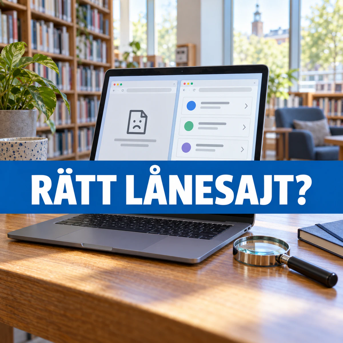Laptop med en otillgänglig webbsida och neutrala jämförelsekort i ett svenskt bibliotek, med förstoringsglas och texten Rätt lånesajt?