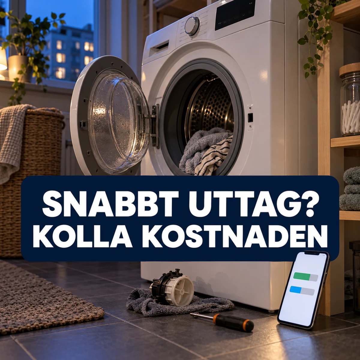 Öppen tvättmaskin med reservdel och mobil i en svensk tvättstuga på kvällen, med texten Snabbt uttag? Kolla kostnaden
