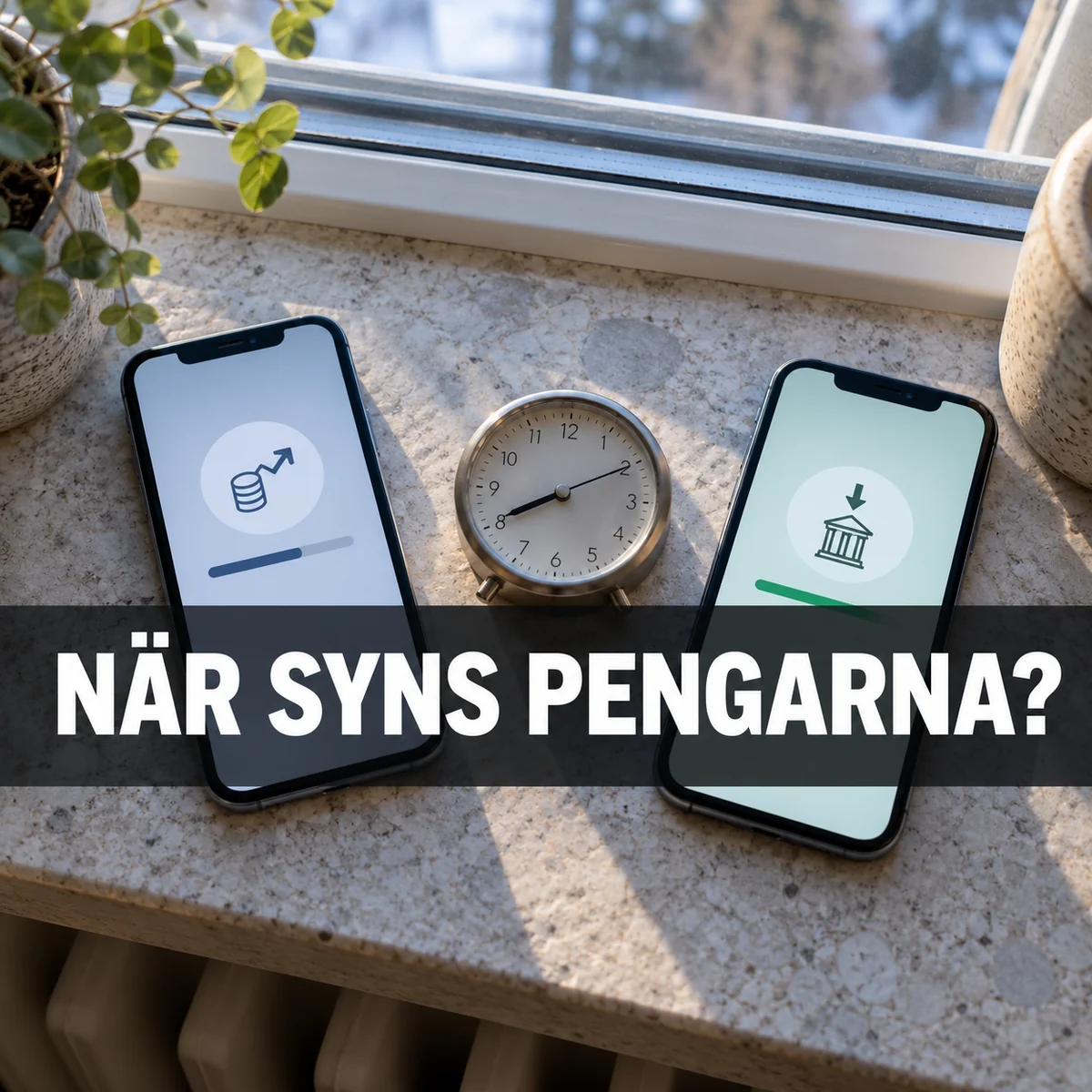 Två mobiler och en analog klocka på en svensk köksbänk med texten När syns pengarna?