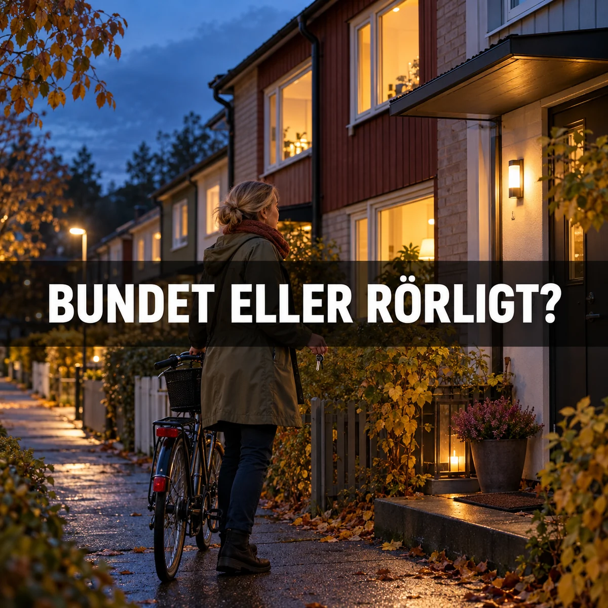 Medelålders kvinna med cykel och nycklar utanför ett svenskt radhus i kvällsljus, med frågan Bundet eller rörligt?