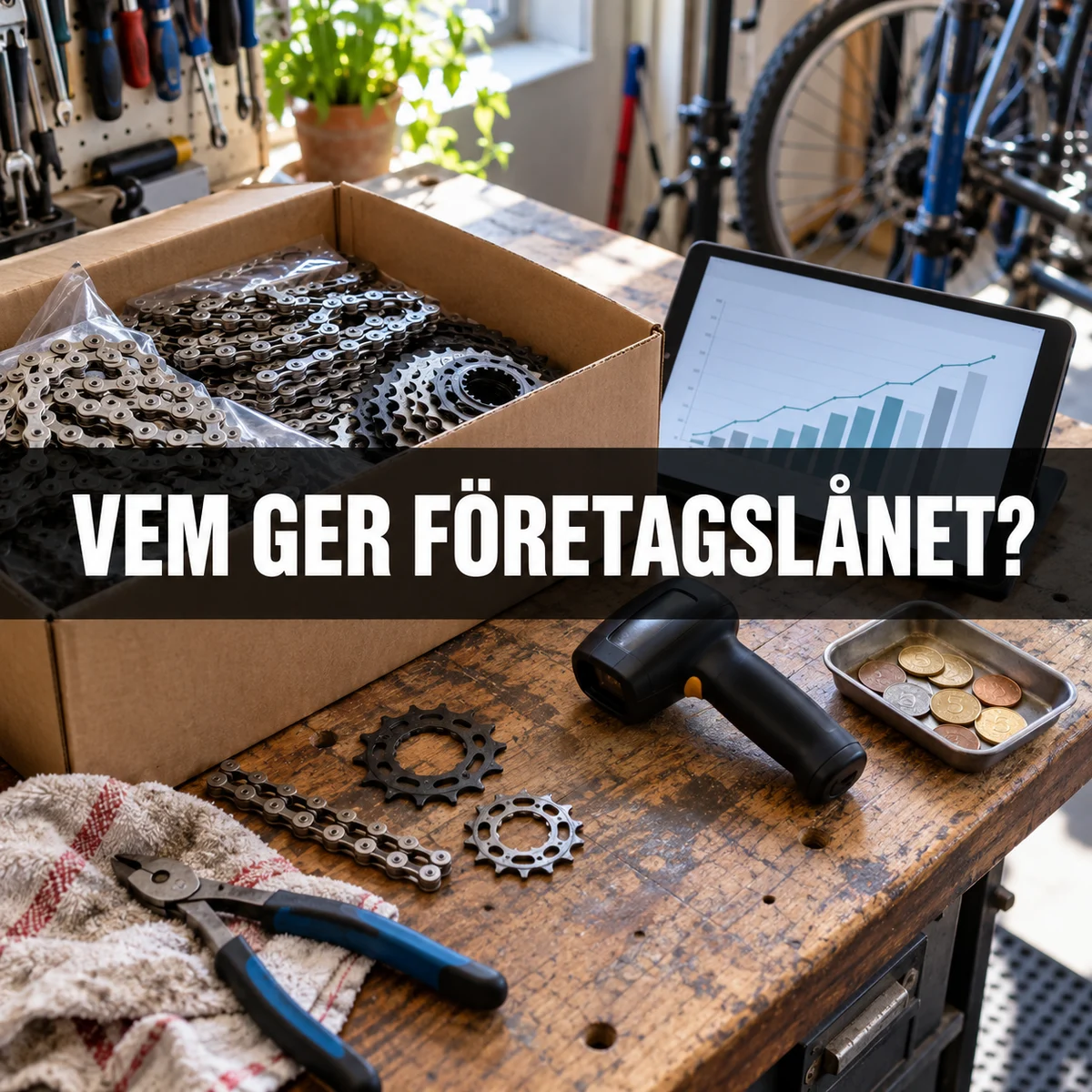 Cykelverkstads arbetsbänk med reservdelar, lagerläsare och kassaflödesgraf samt texten Vem ger företagslånet?