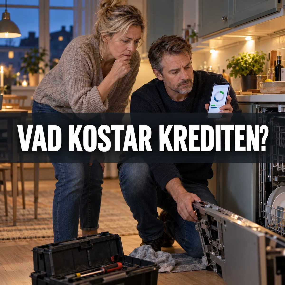 Ett par i ett svenskt kök granskar en kreditöversikt i mobilen vid en trasig diskmaskin, med texten Vad kostar krediten?