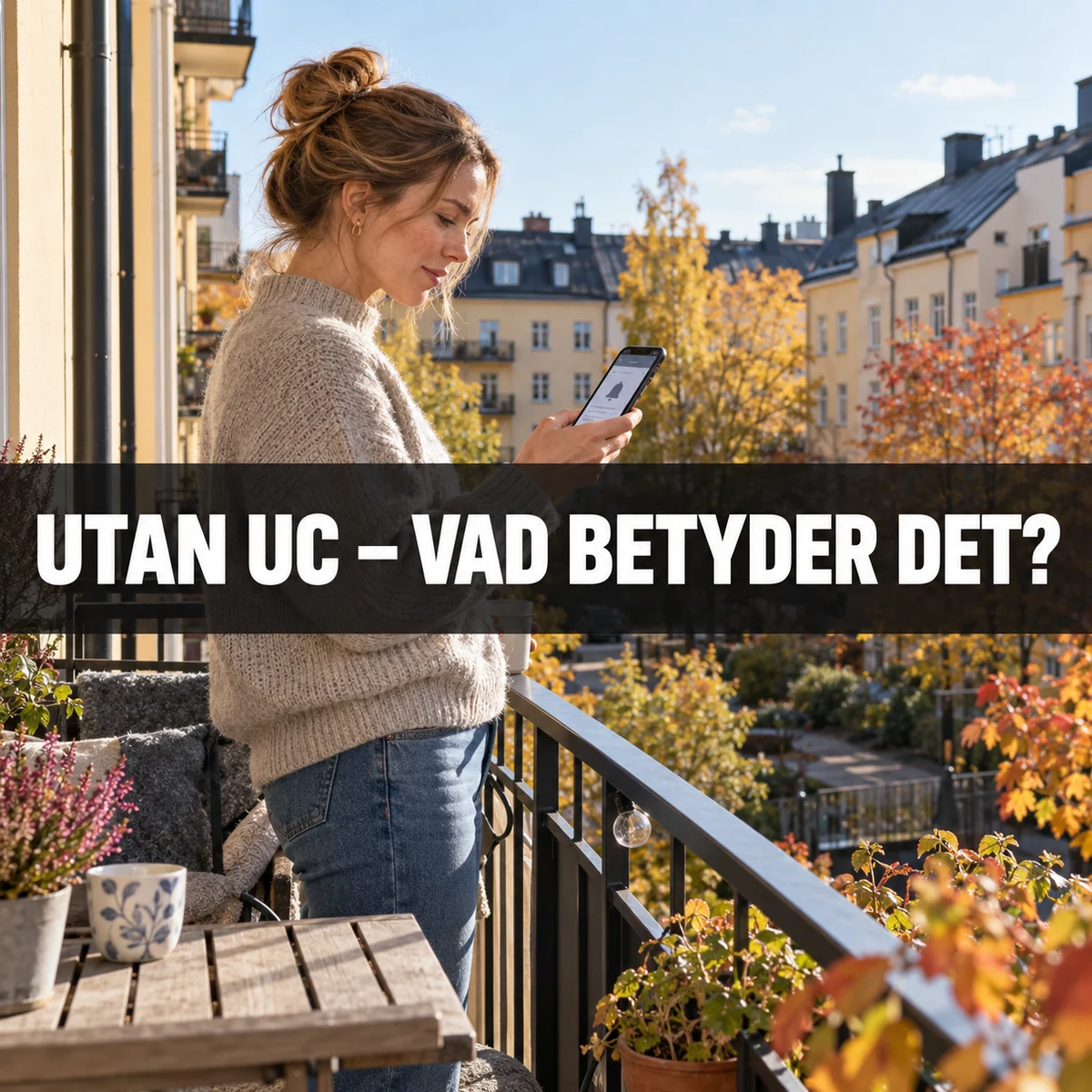 Kvinna på en svensk balkong granskar en kreditnotis i mobilen; texten frågar vad utan UC betyder
