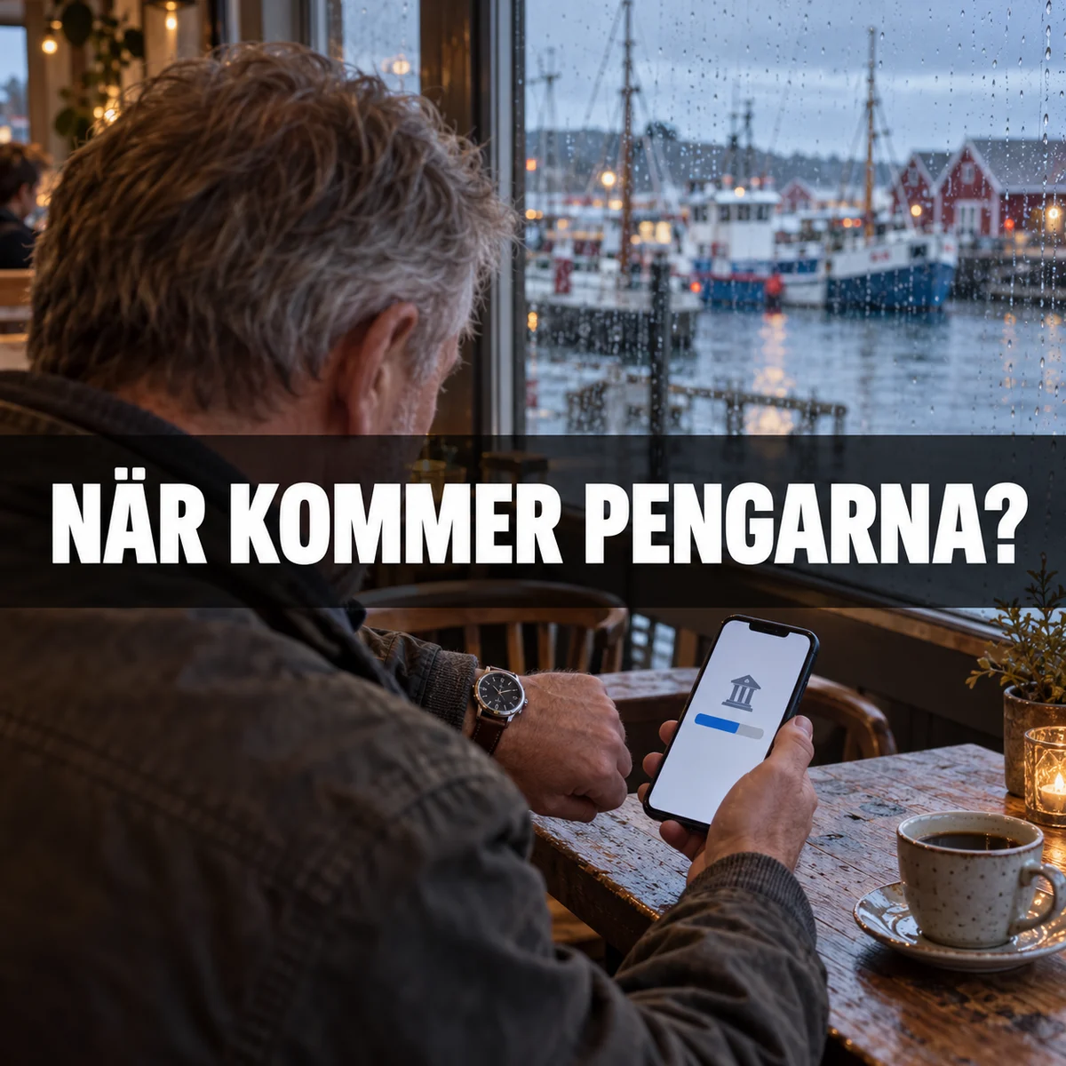 Äldre man på ett kafé vid en regnig svensk hamn kontrollerar klockan och en banköverföring i mobilen, med frågan När kommer pengarna?