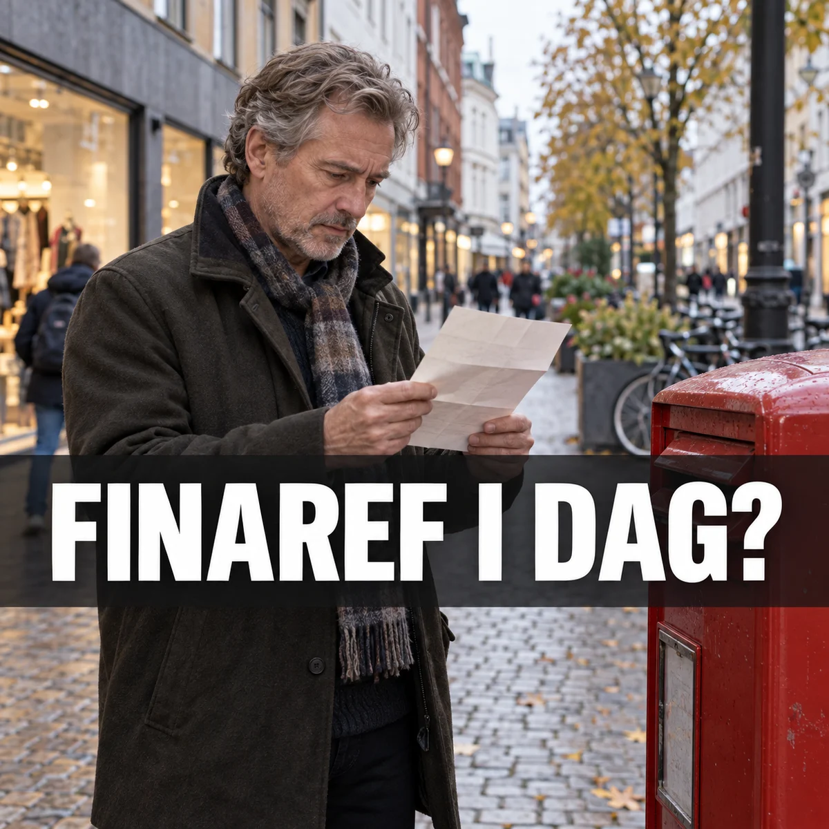 Äldre man läser ett gammalt lånebrev vid en röd brevlåda på svensk gågata under frågan Finaref i dag?