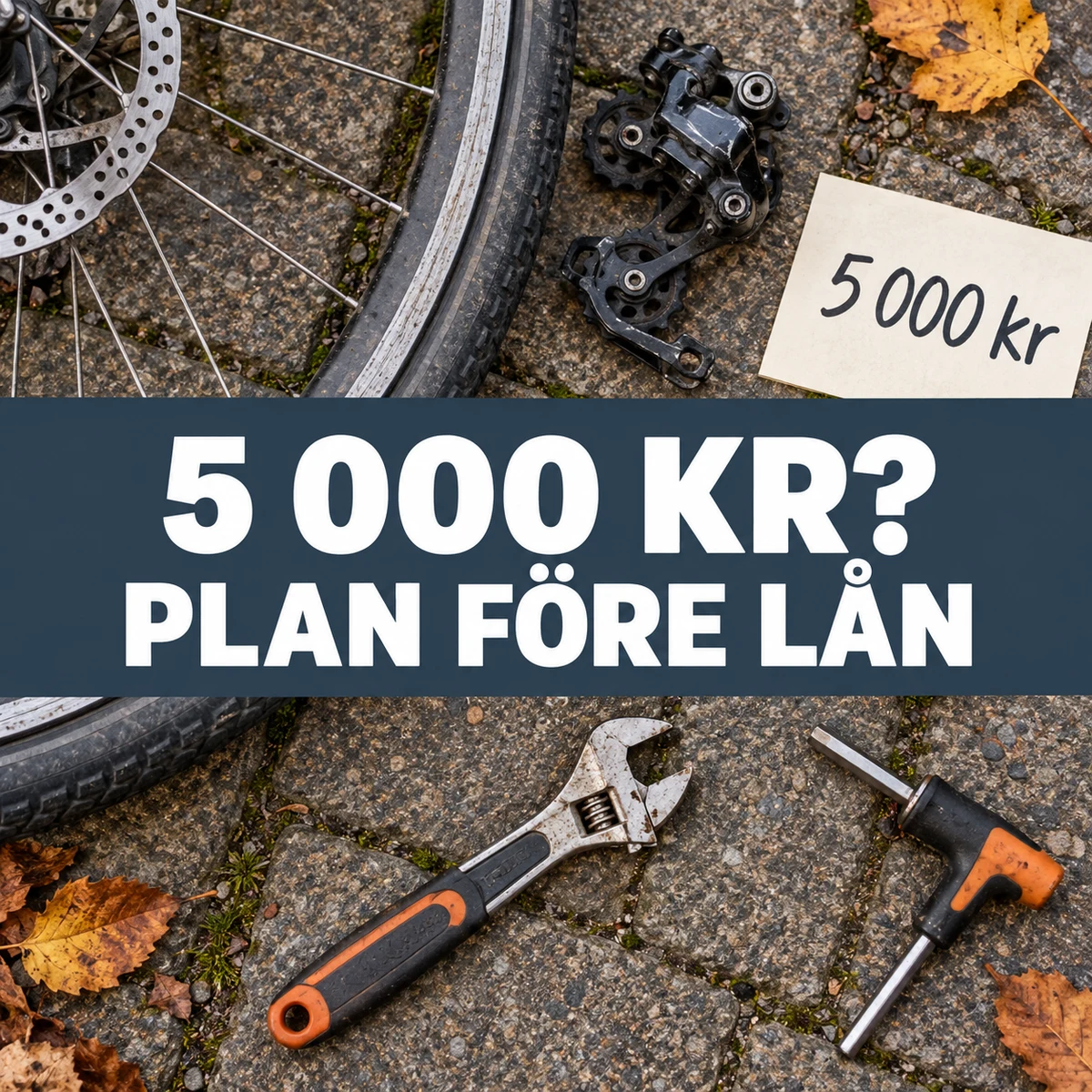 Cykelhjul, reparationsverktyg och ett kort märkt 5 000 kr på en stenlagd gård med texten 5 000 kr? Plan före lån