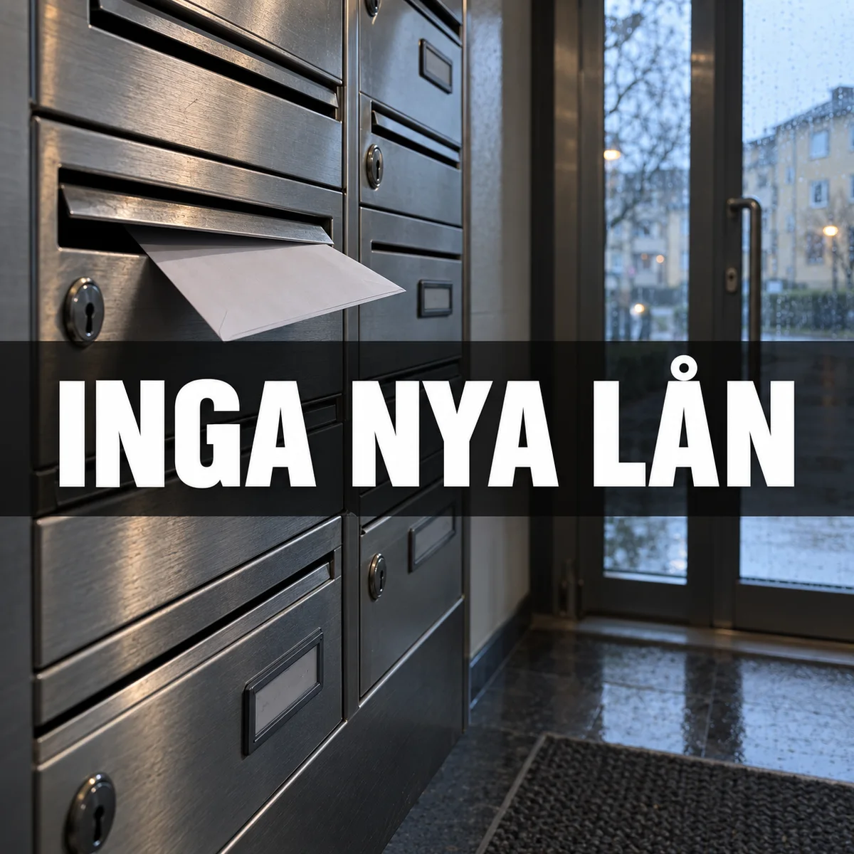 Brev i postfack i ett svenskt trapphus under texten Inga nya lån