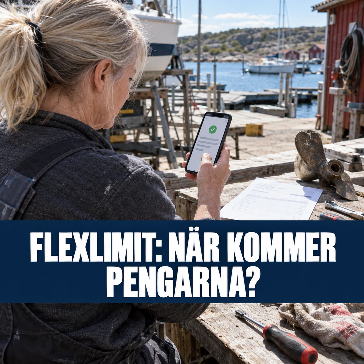 Svensk kvinna på ett båtvarv kontrollerar en banköverföring på mobilen med texten Flexlimit: när kommer pengarna?