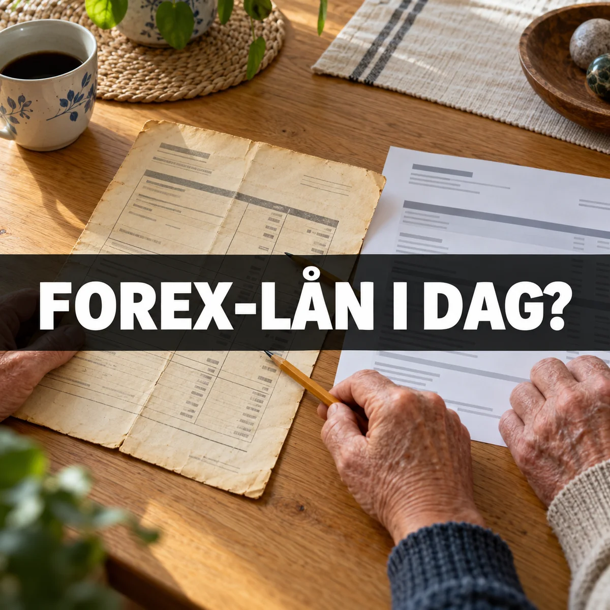 Äldre händer jämför ett gammalt låneavtal med ett nytt kontobrev på ett ekbord under texten FOREX-lån i dag?