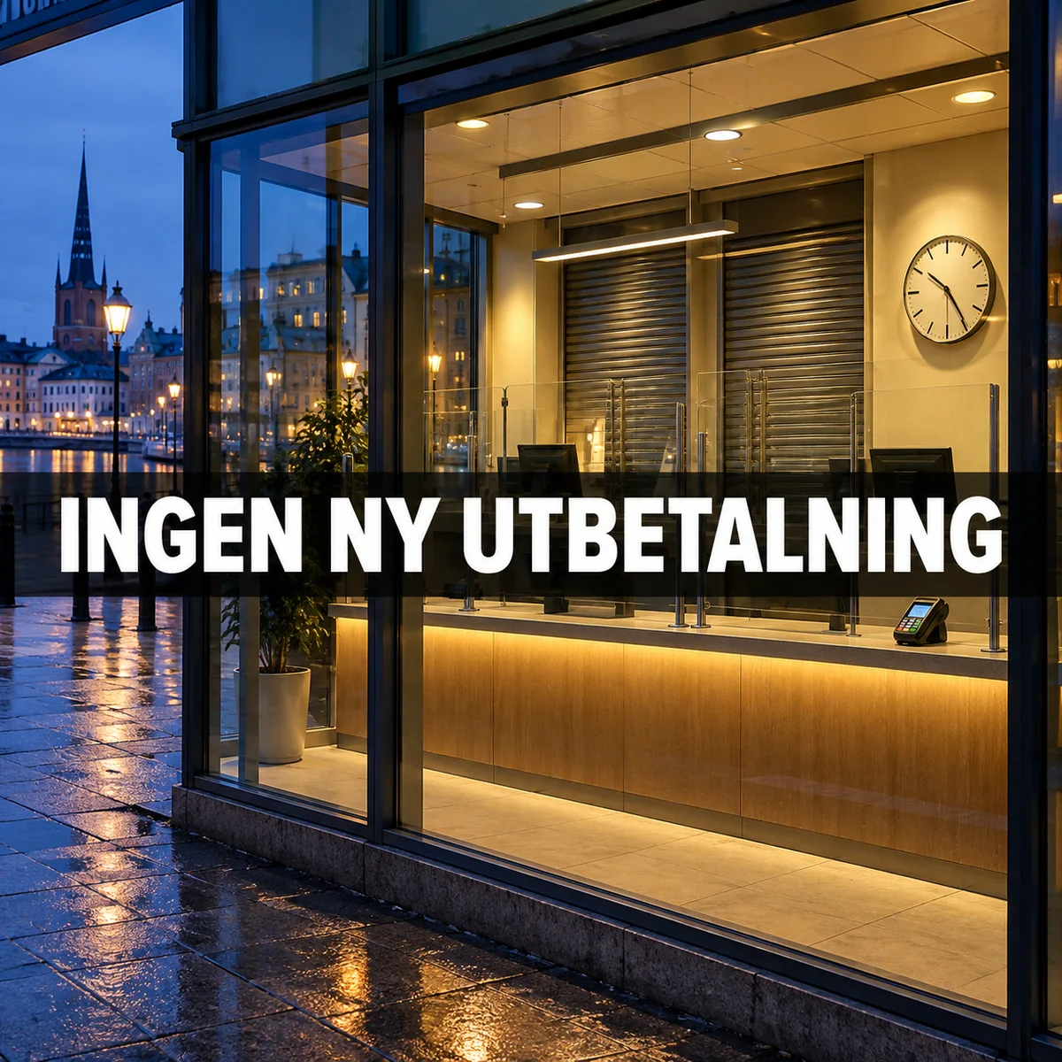 Tomt bankserviceställe bakom glas i en svensk stad i skymningen med den tydliga texten Ingen ny utbetalning