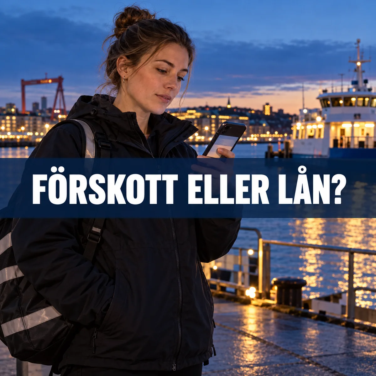 Kvinna vid en svensk färjekaj efter jobbet jämför lönedag i mobilen med behovet av pengar nu, under texten Förskott eller lån?