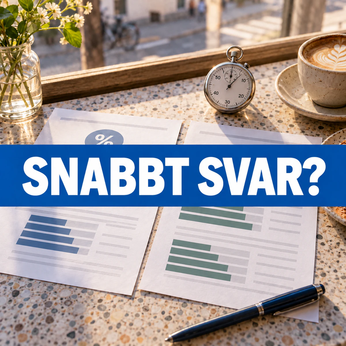 Två neutrala låneerbjudanden med procenttecken bredvid ett stoppur på en svensk kaféfönsterbänk med den centrala texten Snabbt svar?