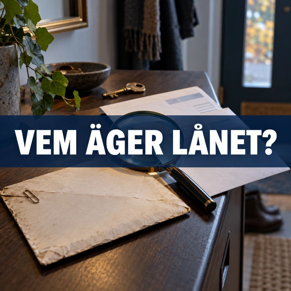Äldre kreditbrev och nyare kontoutdrag granskas med förstoringsglas i en svensk hall, med texten Vem äger lånet?