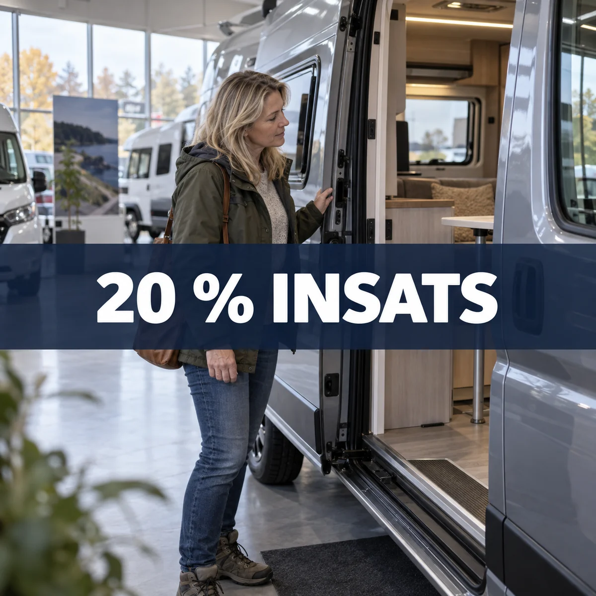 Kvinna granskar en husbil hos en svensk återförsäljare med frågan 20 procent insats