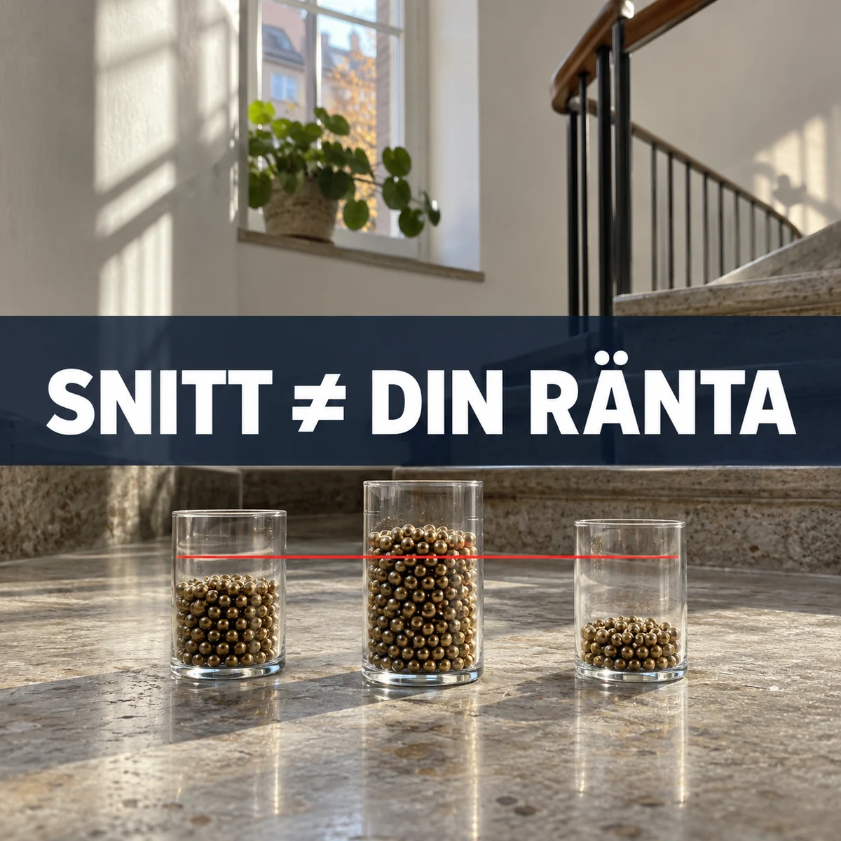 Tre glas med olika många mässingskulor och texten Snitt är inte din ränta