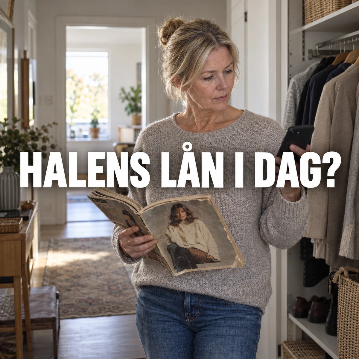 Kvinna i svensk hall jämför en äldre postorderkatalog med sin telefon, med texten Halens lån i dag?