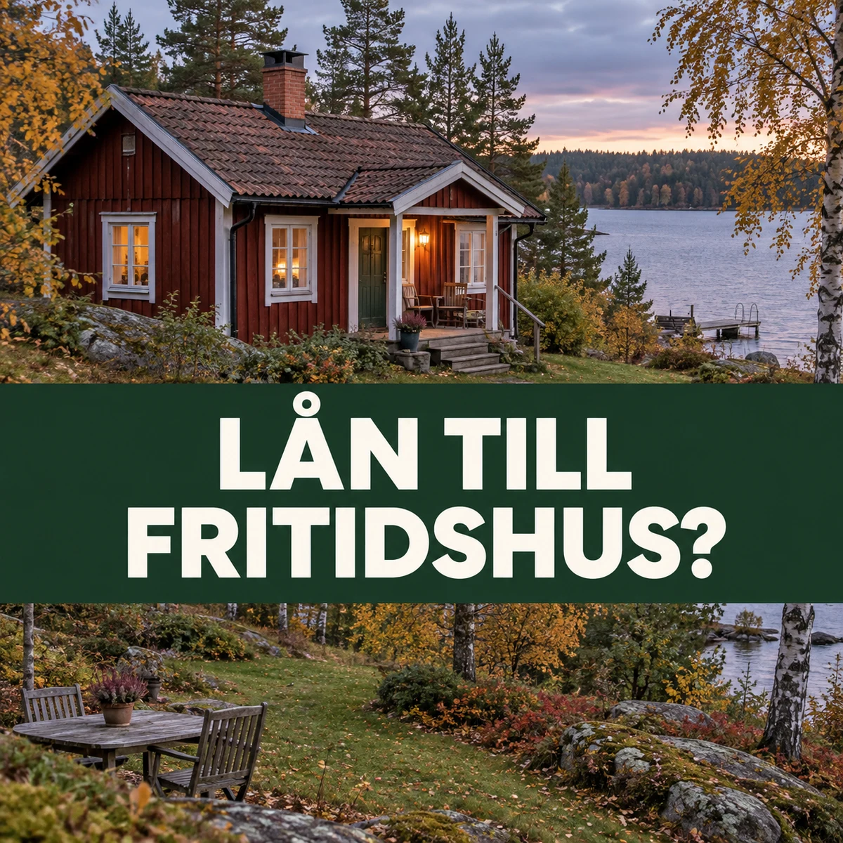 Röd svensk sommarstuga på en egen tomt vid en sjö i höstskymning med texten Lån till fritidshus?