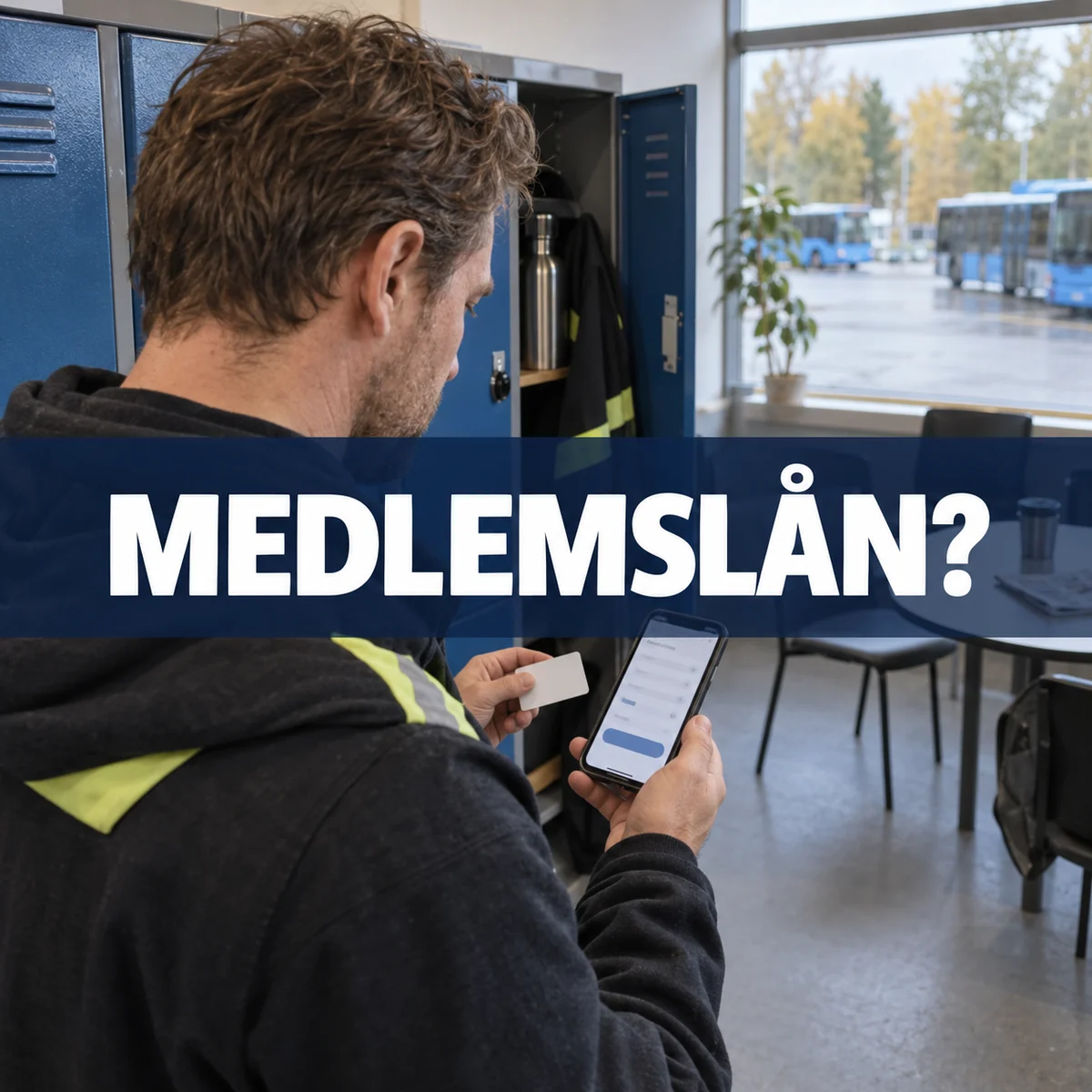 Bussförare vid ett svenskt bussgarage jämför ett neutralt medlemskort med ett låneerbjudande i mobilen, med texten Medlemslån?