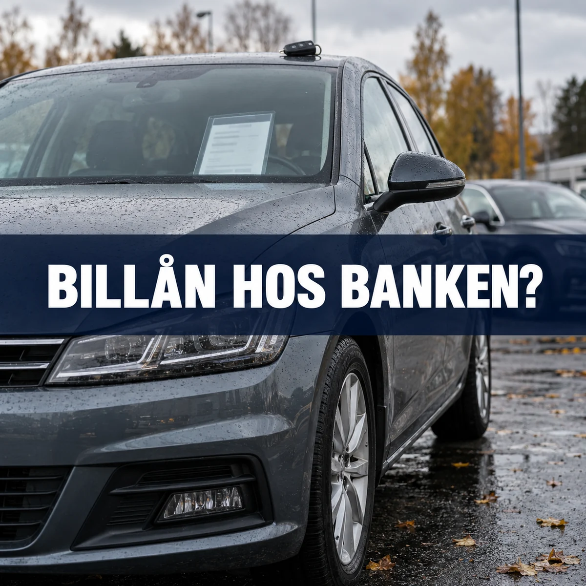 Begagnad bil på en regnvåt svensk bilgård med bilnyckel på taket och texten Billån hos banken?