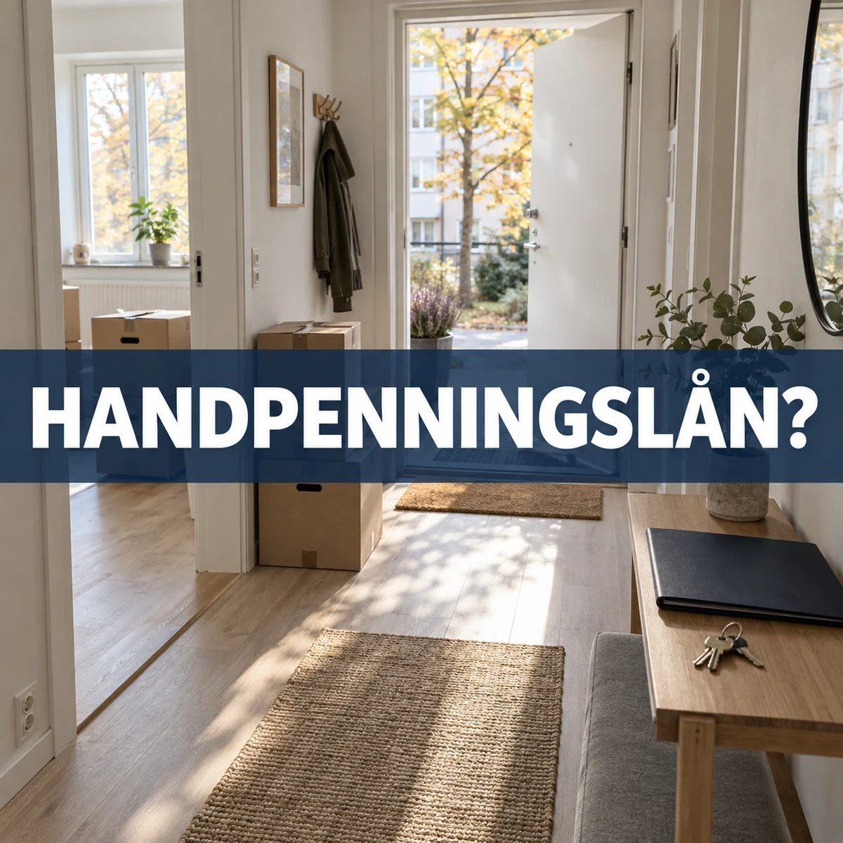 Ljus svensk lägenhetshall med flyttkartonger och nycklar på en bänk, med texten Handpenningslån?