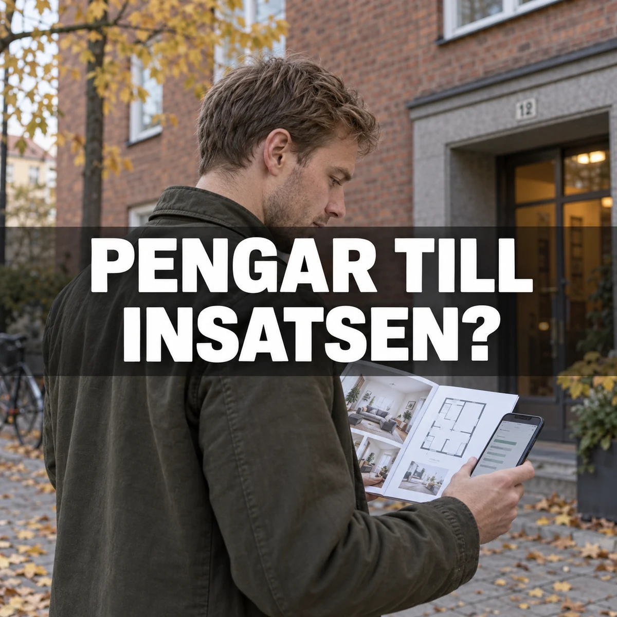 Ung man jämför en bostadsbroschyr och sin mobil utanför ett tegelhus med texten Pengar till insatsen?