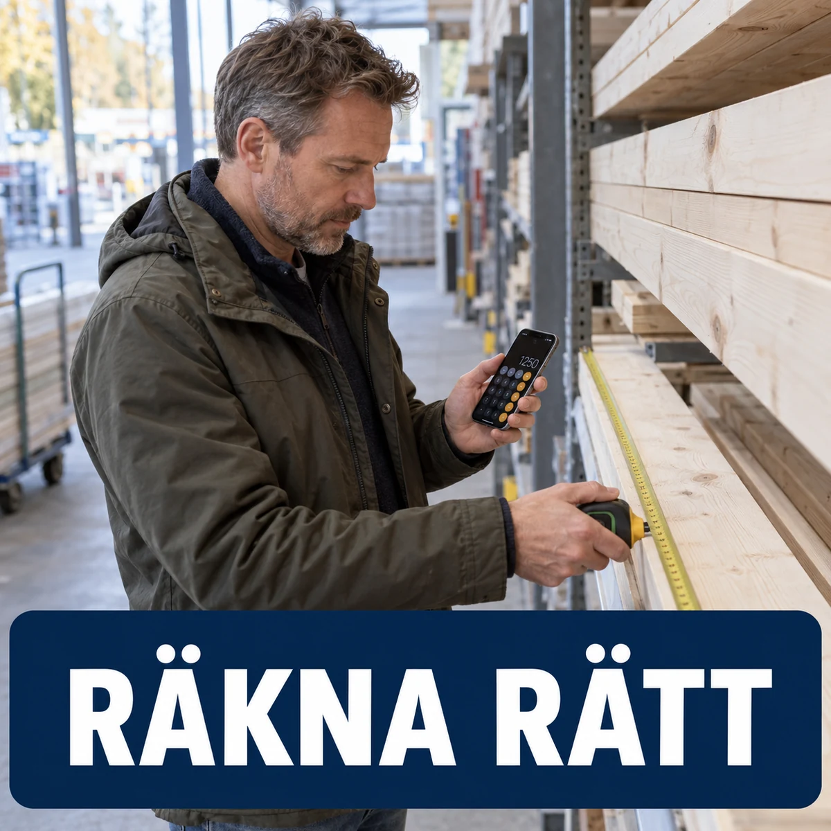 Man i svensk bygghandel jämför kostnaden för virke med mobilens miniräknare, med texten Räkna rätt