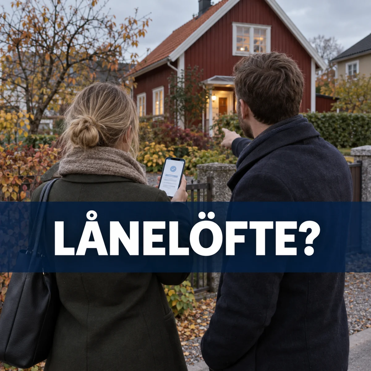Två bostadsspekulanter framför ett rött svenskt hus med mobil och texten Lånelöfte?
