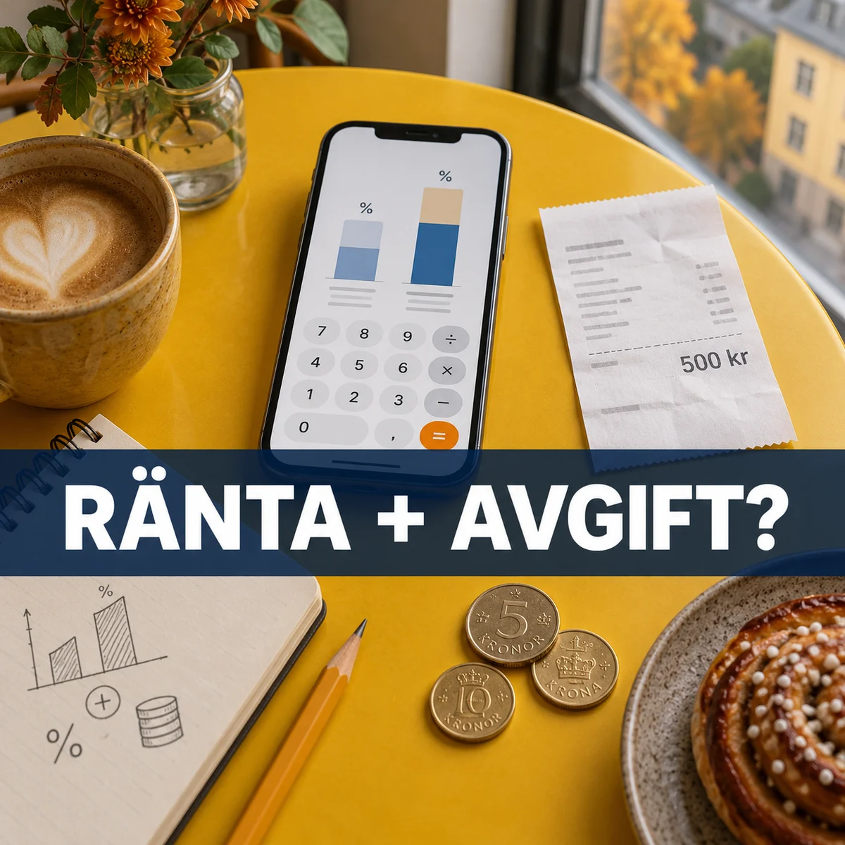 Kalkylator på mobil, ett kvitto med 500 kronor och svenska mynt på ett gult kafébord med texten Ränta + avgift?