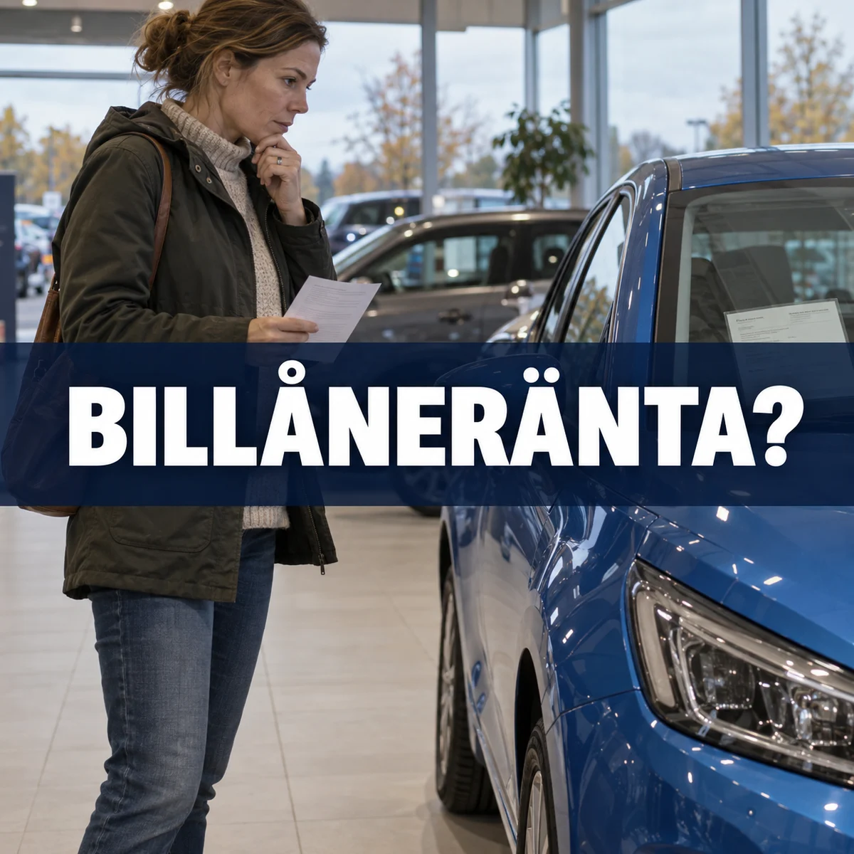 En kvinna granskar en låneoffert vid en blå bil i svensk bilhall, med texten Billåneränta?