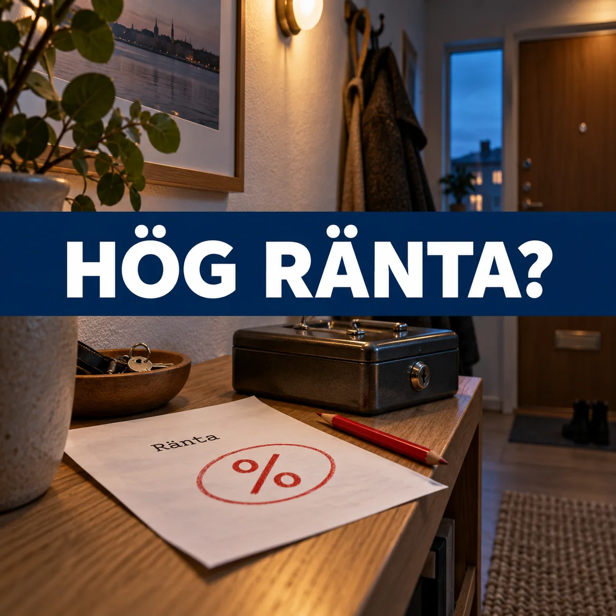 Privat skuldebrev med inringat räntetecken och låst kassaskrin på en hylla i en svensk hall, med texten Hög ränta?