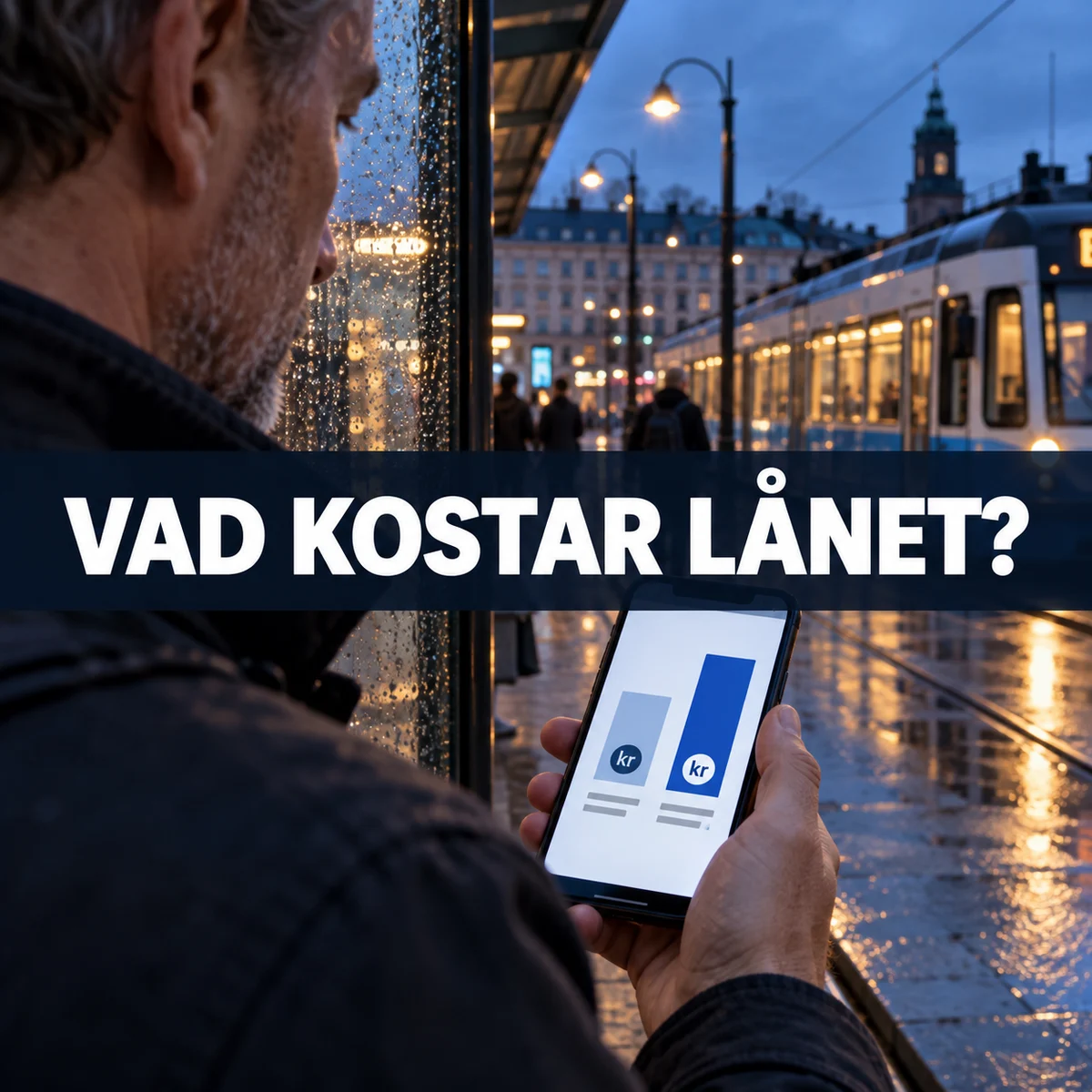 Man vid en regnig svensk spårvagnshållplats jämför två lånealternativ i mobilen, med texten Vad kostar lånet?