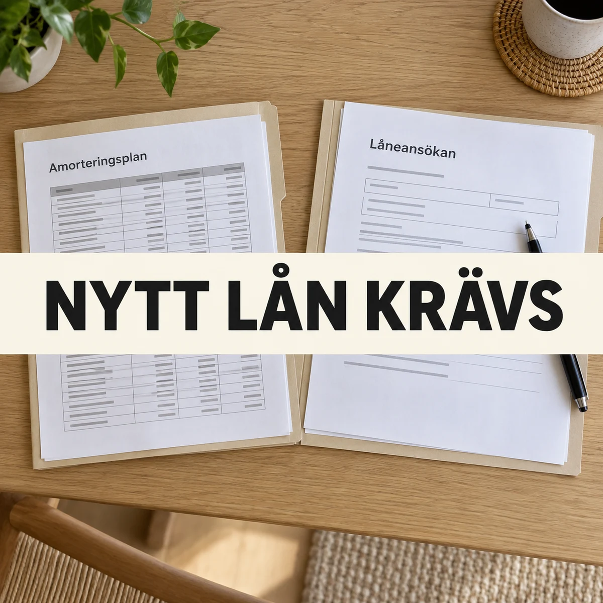 Två separata lånemappar på ett ljust svenskt köksbord med den stora texten Nytt lån krävs