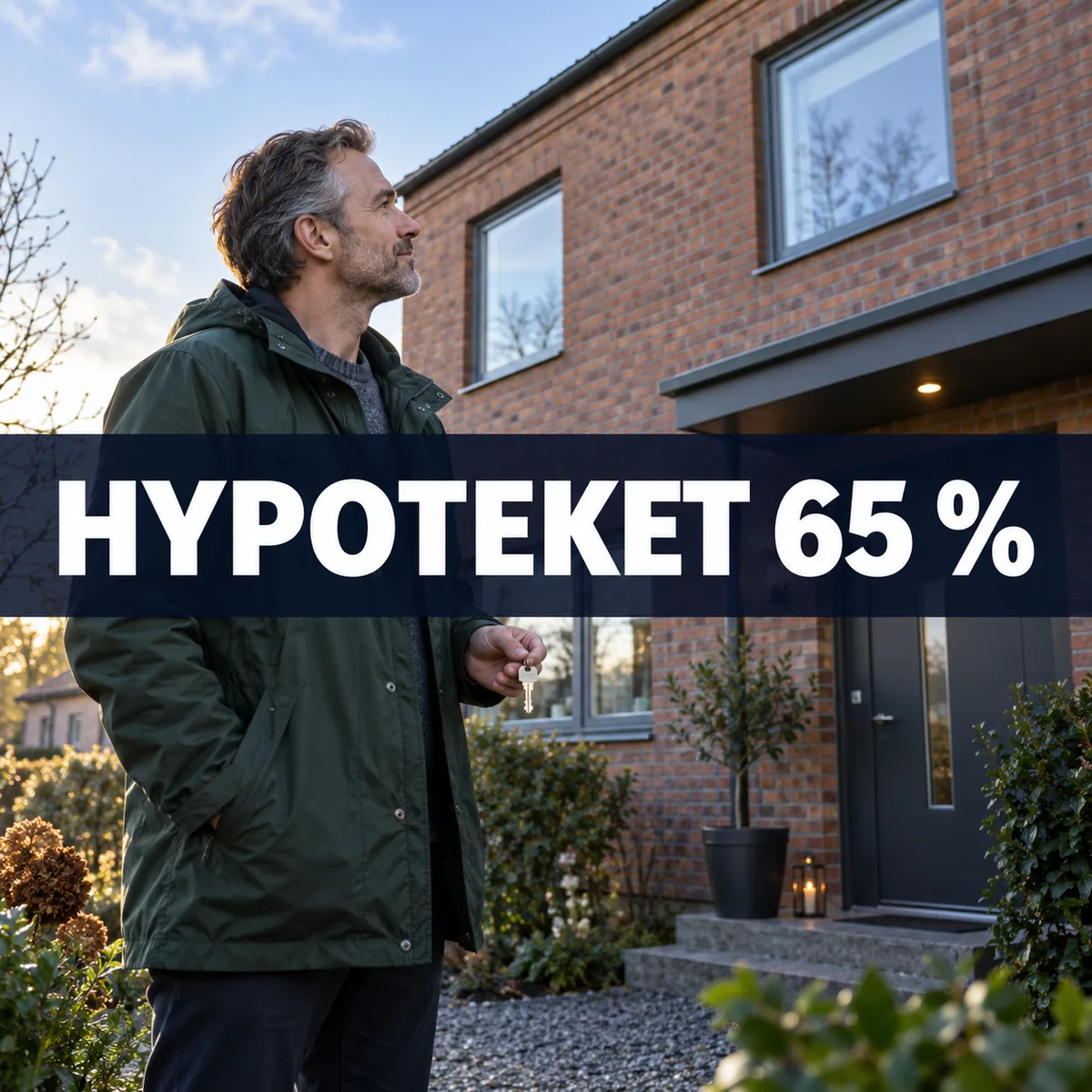 En man med husnyckel framför ett svenskt tegelradhus, med texten Hypoteket 65 procent