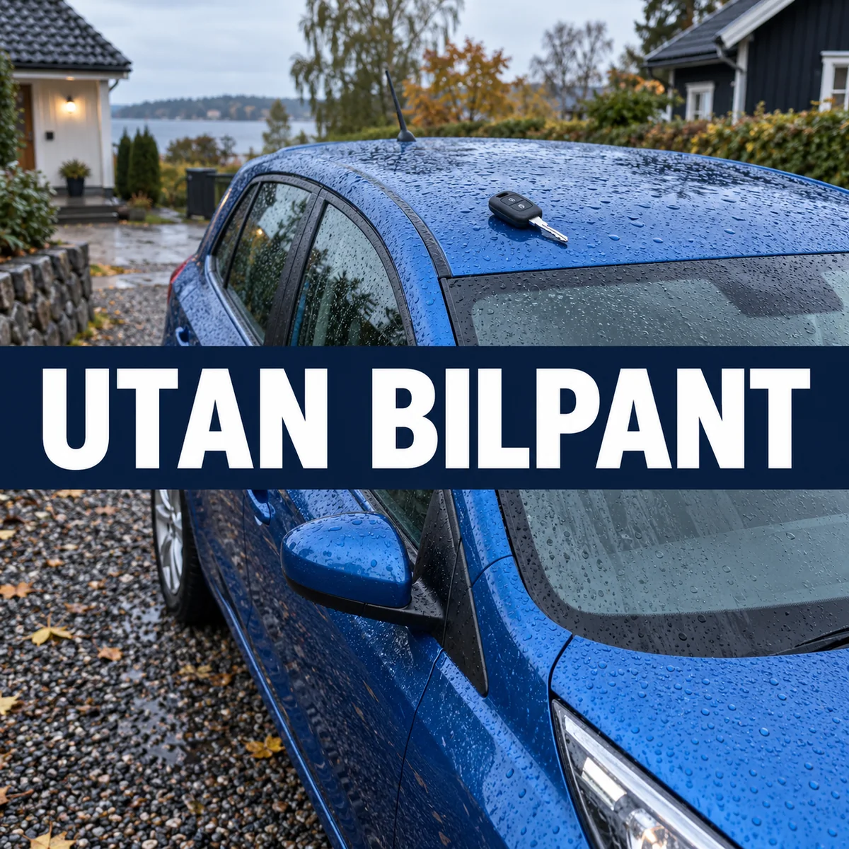 Blå begagnad bil med bilnyckel på det regnvåta taket vid en svensk uppfart och texten Utan bilpant