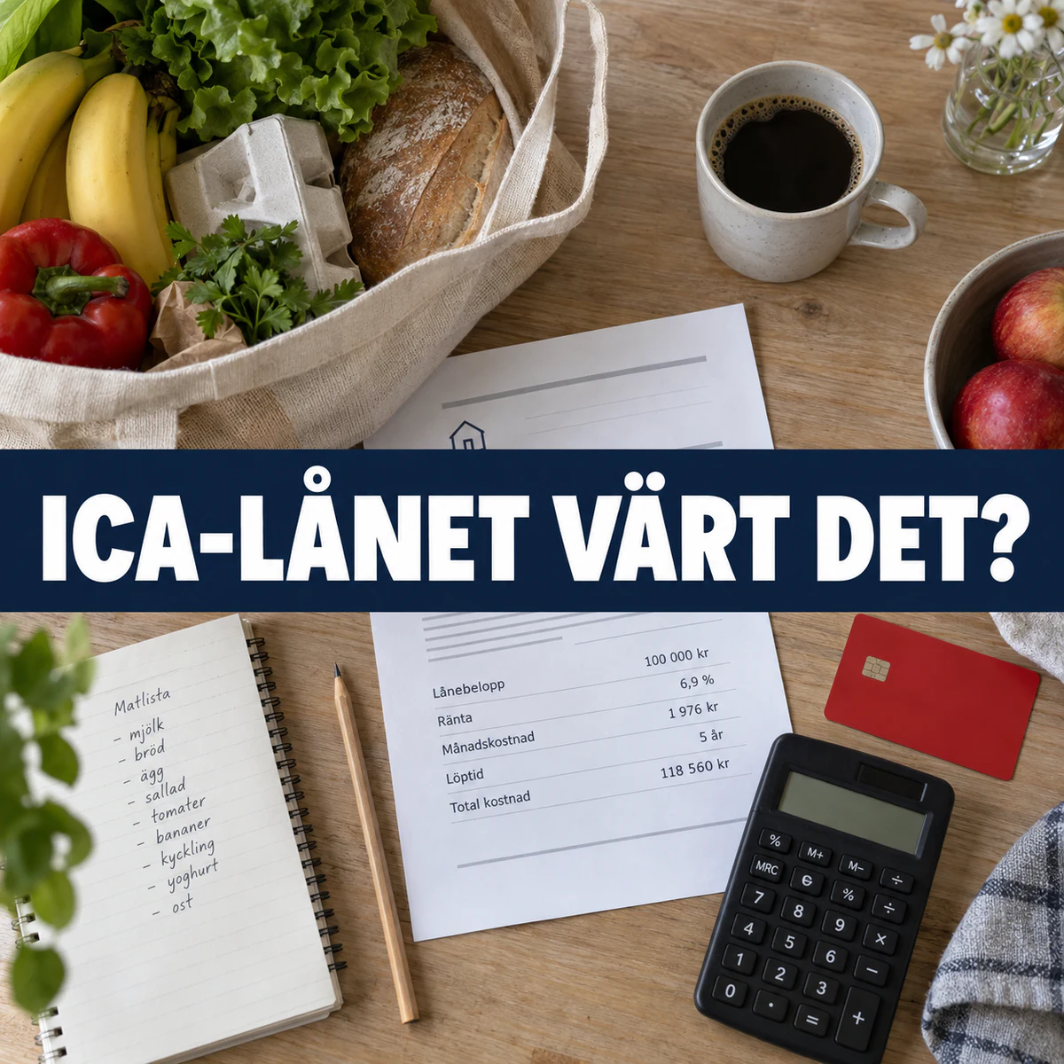 Matvaror, låneerbjudande, miniräknare och rött kort på ett svenskt köksbord med texten ICA-lånet värt det?