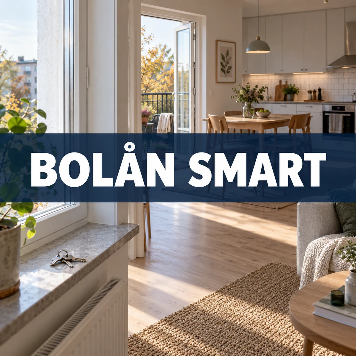 Ljus svensk lägenhet med husnycklar på fönsterbrädan och texten Bolån smart