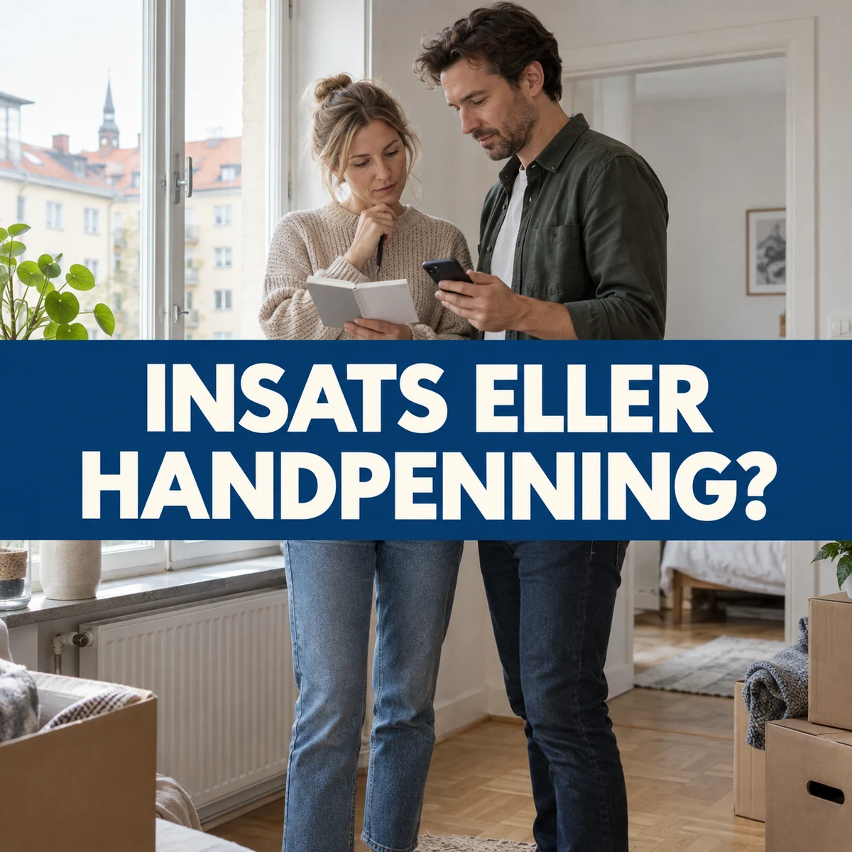 Ett par jämför en budgetanteckning och mobil vid ett lägenhetsfönster med texten Insats eller handpenning?