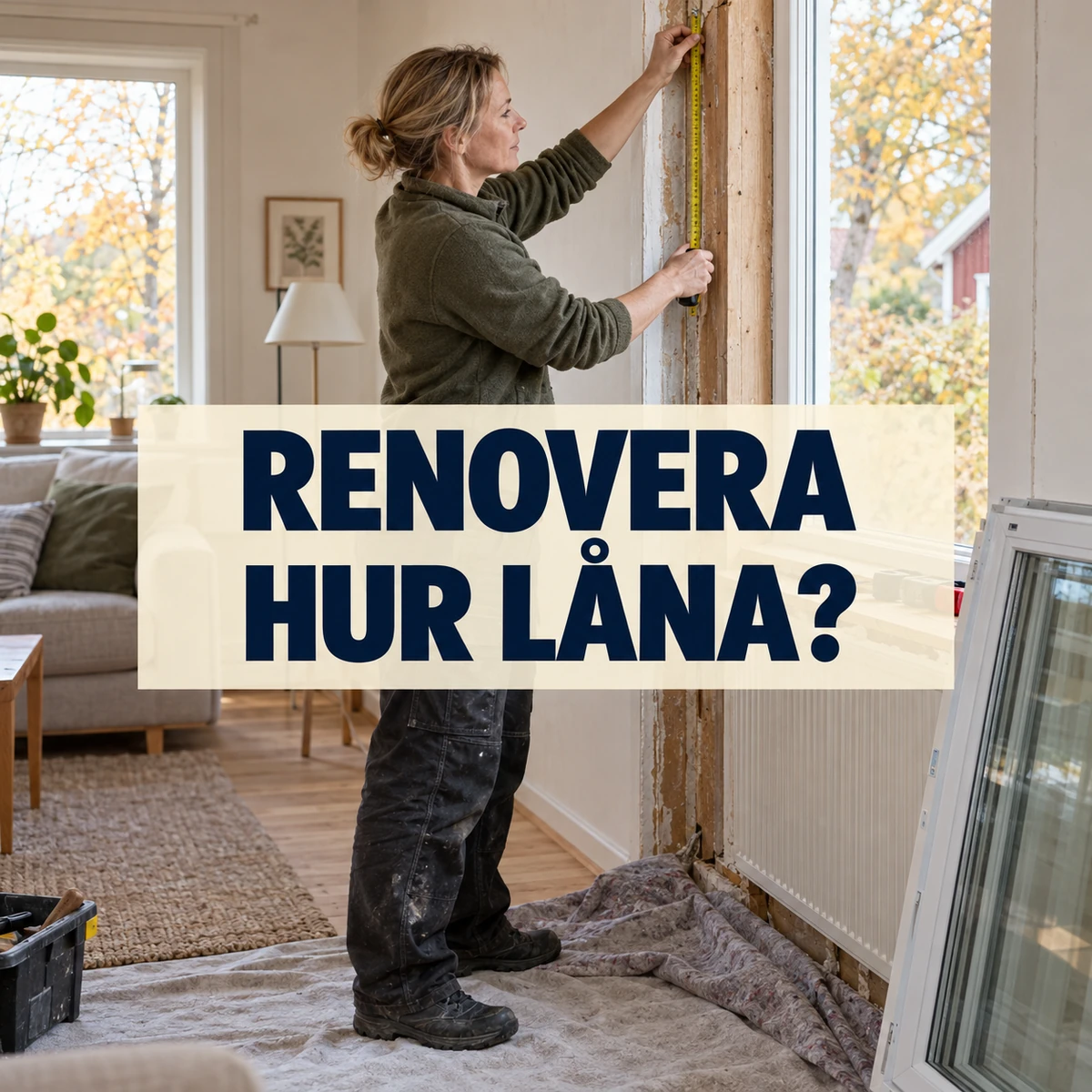 En kvinna mäter en frilagd fönsterkarm med måttband i ett svenskt trähus inför fönsterbyte, med texten Renovera – Hur låna?