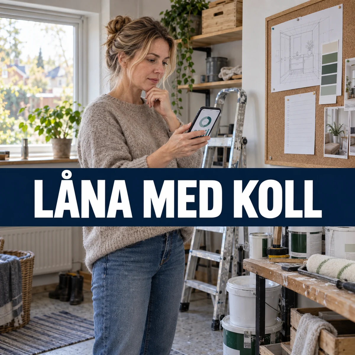 Kvinna i ett svenskt hem jämför en projektbudget i mobilen inför renovering, med texten Låna med koll