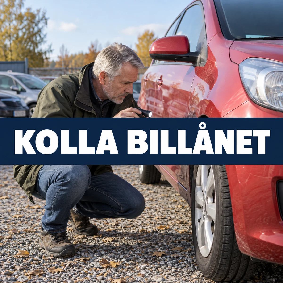 Äldre man granskar däcket på en röd begagnad bil vid en svensk bilhandlare, med texten Kolla billånet