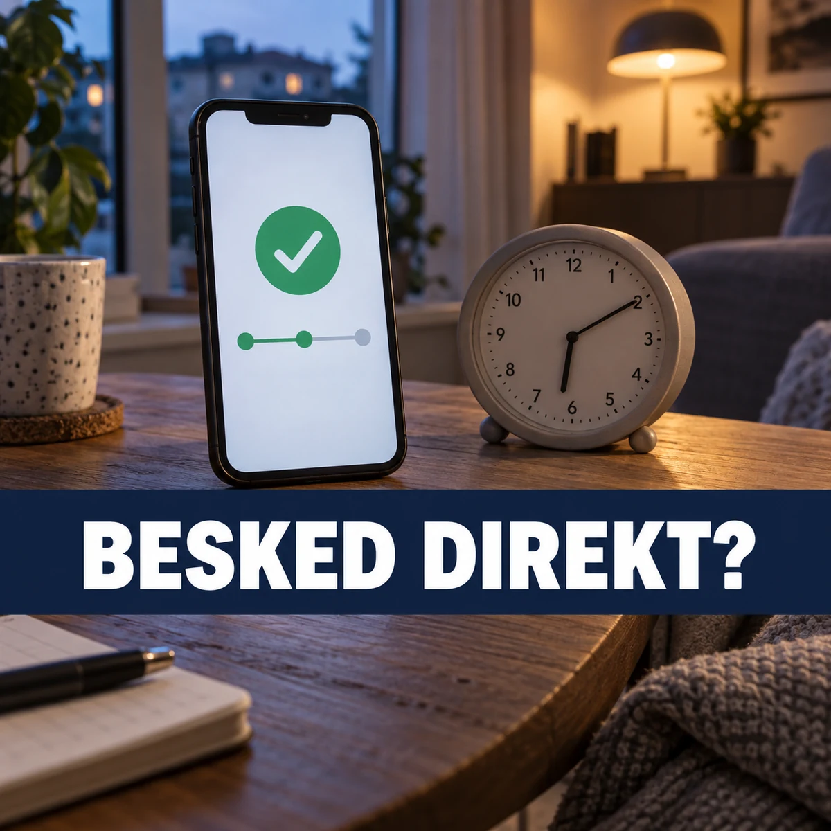 Mobil med symboliskt ansökningsbesked bredvid en klocka i ett svenskt hem, med texten Besked direkt?