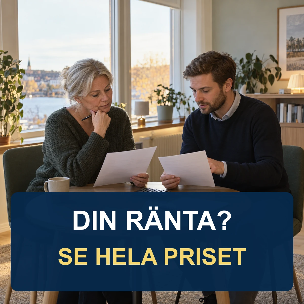 Två personer jämför skriftliga låneerbjudanden vid ett runt bord i ett ljust svenskt rådgivningsrum, med texten Din ränta? Se hela priset