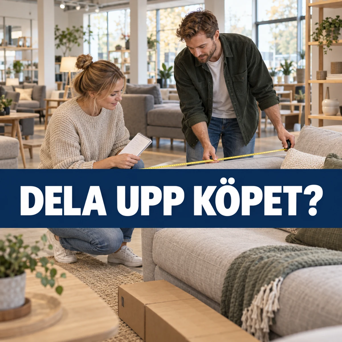 Ett par mäter en soffa i en svensk möbelbutik inför ett planerat köp, med texten Dela upp köpet?